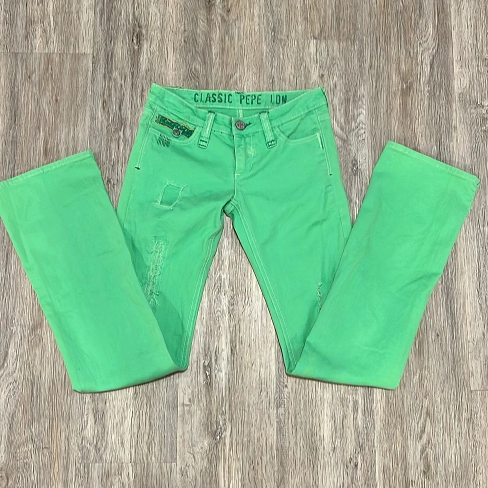 Classic Pepe London Jean Green distressed Studded Jeans - Picture 1 of 16